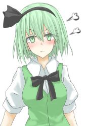 Rule 34 | 1girl, :t, alternate hair color, angry, black hairband, black ribbon, breasts, collared shirt, commentary request, green eyes, green hair, green vest, hair between eyes, hair ribbon, hairband, konpaku youmu, light blush, long hair, looking at viewer, medium breasts, neck ribbon, pout, puff of air, puffy short sleeves, puffy sleeves, ribbon, shirt, short sleeves, simple background, solo, takemitsu-zamurai, touhou, upper body, vest, white background, white shirt