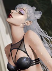 Rule 34 | 1girl, bikini, blurry, blurry background, breasts, dutch angle, earrings, evelynn (league of legends), eyeshadow, grey hair, jewelry, league of legends, lips, long hair, looking at viewer, makeup, medium breasts, olesyaspitz, pool party (league of legends), red lips, sitting, solo, swimsuit, watermark, wet, yellow eyes
