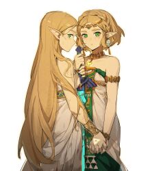 Rule 34 | 2girls, bare shoulders, blonde hair, braid, breasts, crown braid, dress, green eyes, hair ornament, hairclip, highres, holding, holding hands, holding weapon, jewelry, long hair, medium breasts, multiple girls, nintendo, official alternate costume, official alternate hair length, official alternate hairstyle, parted bangs, pointy ears, princess zelda, short hair, sidelocks, small breasts, teardrop facial mark, the legend of zelda, the legend of zelda: breath of the wild, the legend of zelda: tears of the kingdom, time paradox, weapon, wufaxianshi cnd