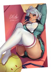 Rule 34 | 1girl, absurdres, arm behind head, arm up, ass, asticassia school uniform, border, breasts, cellphone, commentary request, couch, dated, foot out of frame, green eyes, green jacket, green shorts, grin, gundam, gundam suisei no majo, highres, holding, holding phone, jacket, large breasts, legs up, looking at phone, lying, no shoes, on back, phone, qblade, school uniform, secelia dote, short hair, short shorts, shorts, signature, smartphone, smile, solo, teeth, thick thighs, thighhighs, thighs, white border, white hair, white thighhighs