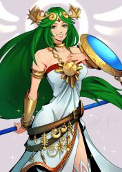 Rule 34 | 1girl, ancient greek clothes, armlet, bare shoulders, breasts, chiton, circlet, collarbone, dress, eightyfourart, forehead jewel, green eyes, green hair, hand on own chest, holding, holding shield, holding staff, kid icarus, kid icarus uprising, long hair, medium breasts, nintendo, palutena, parted bangs, shield, single thighhigh, solo, staff, strapless, strapless dress, teeth, thighhighs, vambraces, very long hair, white dress, white thighhighs