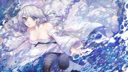 Rule 34 | 1girl, avrora (azur lane), azur lane, bare shoulders, blue eyes, boots, braid, breasts, cleavage, collarbone, detached sleeves, dress, highres, long hair, looking at viewer, medium breasts, pantyhose, silver hair, solo, standing, standing on liquid, wallpaper, water, white theme, wusebuhui