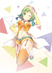 Rule 34 | 1girl, ;), ahoge, belt, breasts, character name, garter straps, green hair, gumi, midriff, navel, one eye closed, orange thighhighs, shiomizu (swat), short hair, shorts, smile, solo, thighhighs, vocaloid
