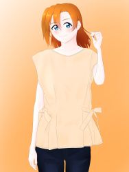 Rule 34 | 10s, 1girl, artist name, blue eyes, blue pants, blush, breasts, closed mouth, collarbone, female focus, hair between eyes, highres, kosaka honoka, looking at viewer, love live!, love live! school idol project, orange hair, pants, pink shirt, playing with own hair, shirt, side ponytail, small breasts, smile, solo, standing, tied shirt, yagichan1203