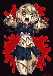 Rule 34 | 1girl, black jacket, blazer, blonde hair, blood, blood on clothes, blood on face, blood on hands, blood on leg, blue skirt, bow, bowtie, breasts, cafe no zombi-ko, cafe no zombi-ko (1st costume), collared shirt, commentary request, cowboy shot, cuts, highres, indie virtual youtuber, injury, jacket, looking at viewer, medium breasts, midriff, miniskirt, nam zaru, open mouth, outstretched arms, panties, red bow, red bowtie, shirt, short hair, skirt, solo, teeth, torn clothes, torn jacket, torn shirt, torn skirt, underwear, virtual youtuber, white panties, white shirt, zombie, zombie pose
