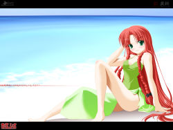 Rule 34 | 1girl, beach, blush, casual one-piece swimsuit, day, embodiment of scarlet devil, female focus, green eyes, green one-piece swimsuit, highres, hong meiling, kii (mahoraba), long hair, ocean, one-piece swimsuit, outdoors, red hair, sarong, sitting, sky, solo, swimsuit, touhou, very long hair, wallpaper, water