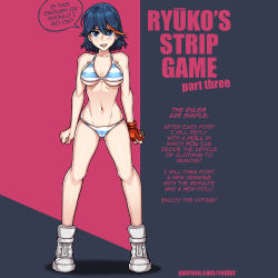 Rule 34 | 1girl, absurdres, bikini, black background, black hair, blue eyes, breasts, collarbone, english text, full body, gloves, grey footwear, highres, kill la kill, large breasts, looking at viewer, matoi ryuuko, meme, navel, red background, red gloves, red hair, redjet, shoes, single glove, smile, sneakers, solo, standing, striped bikini, striped clothes, swimsuit, teeth, twitter strip game (meme), upper teeth only, watermark, web address