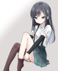 Rule 34 | 10s, 1girl, arm warmers, asashio (kancolle), black hair, black thighhighs, blue eyes, buttons, gradient background, grey background, ica, kantai collection, long hair, looking at viewer, looking down, pleated skirt, school uniform, serafuku, simple background, skirt, solo, suspenders, thighhighs