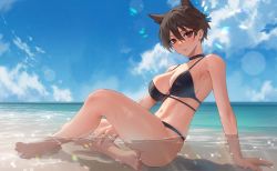 Rule 34 | 1girl, absurdres, animal ears, arm support, bare arms, bare legs, bare shoulders, barefoot, beach, bikini, black bikini, black choker, black hair, blue sky, blush, borrowed character, breasts, brown hair, choker, cirilla lin, cleavage, cloud, collarbone, commentary, day, hair between eyes, halterneck, highres, large breasts, looking at viewer, micchan (ohisashiburi), navel, ocean, ohisashiburi (style), original, outdoors, parted lips, partially submerged, red eyes, short hair, sitting, sky, smile, solo, swimsuit, water