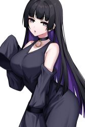 Rule 34 | 1girl, bare shoulders, black choker, black dress, black eyes, black hair, black sleeves, blue hair, bocchi the rock!, choker, collarbone, colored inner hair, commentary, curvy, detached sleeves, dress, hand up, highres, kushinaka, long hair, looking at viewer, mouth piercing, multicolored hair, open mouth, pa-san, simple background, sleeveless, sleeveless dress, sleeves past fingers, sleeves past wrists, solo, straight hair, upper body, white background