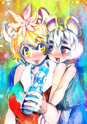 Rule 34 | 2girls, :3, :d, animal ears, bare shoulders, black hair, blonde hair, breasts, closed mouth, grey hair, hair between eyes, hair ornament, hakkasame, kemonomimi mode, large breasts, looking at another, mouse ears, multicolored hair, multiple girls, nazrin, open mouth, red eyes, short hair, smile, streaked hair, tiger ears, tongue, tongue out, toramaru shou, touhou, twitter username, two-tone hair, yellow eyes