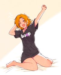 Rule 34 | 1girl, bare legs, barefoot, blue eyes, blush, commentary, english text, full body, hand in own hair, hand on head, kneeling, messy hair, no pants, nora valkyrie, on bed, one eye closed, open mouth, orange hair, rwby, shirt, sleepy, solo, stretching, t-shirt, toes, waking up, yawning