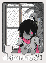 Rule 34 | 1other, antenna hair, armor, cape, closed mouth, copyright name, cup, deltarune, gloves, greyscale, hair between eyes, highres, kris (deltarune), monochrome, pink cape, pink eyes, plant, senjochi janai, solo, spot color, sword, upper body, weapon, weapon on back, wet, window
