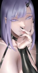 Rule 34 | 1girl, bad id, bad pixiv id, black nails, breasts, cleavage, colored eyelashes, detached sleeves, elliot (zkstxxx), hand on own face, highres, horns, large breasts, lips, looking at viewer, medium hair, nail polish, original, purple eyes, purple hair, solo, upper body, zkstxxx