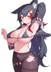 Rule 34 | 1girl, absurdres, animal ear fluff, animal ears, arm up, armpit crease, armpits, bikini, bikini top only, black bikini, black hair, black pantyhose, breasts, closed mouth, commentary request, crotch cutout, deaver, detached sleeves, ear down, highres, hololive, large breasts, long hair, looking at viewer, micro bikini, multicolored hair, navel, ookami mio, ookami mio (1st costume), orange eyes, paid reward available, pantyhose, red hair, simple background, solo, steaming body, streaked hair, sweat, swimsuit, tail, thighband pantyhose, torn clothes, torn pantyhose, virtual youtuber, white background, wolf ears, wolf girl, wolf tail