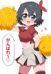 Rule 34 | 1girl, adapted costume, black gloves, black hair, black thighhighs, blue eyes, blush, bow, cheerleader, collarbone, commentary request, gloves, grey skirt, hair bow, heart, highres, kaban (kemono friends), kemono friends, midriff, navel, no headwear, no headwear, pleated skirt, pom pom (cheerleading), ransusan, red bow, red shirt, shirt, short hair, short sleeves, skirt, solo, t-shirt, thighhighs, tied shirt, translation request, zettai ryouiki