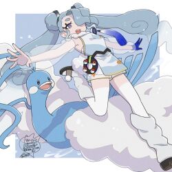 Rule 34 | 1girl, :d, altaria, blue gloves, blue nails, commentary request, creatures (company), crossover, double bun, eyelashes, flying miku (project voltage), game freak, gen 3 pokemon, gloves, grey eyes, grey hair, hair bun, hatsune miku, holster, leg up, long hair, loose socks, nail polish, nintendo, open mouth, outstretched arms, poke ball, poke ball (basic), pokemon, pokemon (creature), project voltage, sagemaru-br, see-through, see-through shorts, see-through sleeves, shorts, smile, socks, teeth, tongue, twintails, upper teeth only, vest, vocaloid