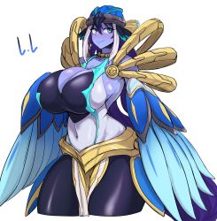 Rule 34 | 1girl, absurdres, blue skin, breasts, cleavage, colored skin, exabyte (parallax05), highres, large breasts, lyrilusc - ensemblue robin, purple hair, smile, solo, thighhighs, wings, yu-gi-oh!