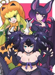 Rule 34 | 10s, 3girls, :d, :q, absurdres, animal ears, aqua eyes, armband, bad id, bad pixiv id, bat ears, bat wings, blonde hair, blunt bangs, blush, bow, bowtie, breasts, buttons, cerberus (kemono friends), claw pose, cleavage, collar, common vampire bat (kemono friends), dog ears, elbow gloves, fingerless gloves, frilled sleeves, frills, gloves, gradient hair, green eyes, highres, jack-o&#039;-lantern (kemono friends), kemono friends, long hair, long sleeves, looking at viewer, magenta background, medium breasts, morimasakazu, multicolored hair, multiple girls, open mouth, orange neckwear, pink background, pointing, pointing up, pumpkin hat, purple eyes, purple hair, purple neckwear, sailor collar, short hair, shorts, sleeveless, smile, tail, tongue, tongue out, torn clothes, torn shorts, two side up, very long hair, white gloves, wings