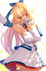 Rule 34 | 1girl, armpits, blonde hair, blue ribbon, blush, bow, bowtie, breasts, commentary request, cowboy shot, dark-skinned female, dark skin, detached sleeves, dress, elf, garter straps, gloves, hair ribbon, half gloves, highres, holding, holding microphone, hololive, large breasts, long hair, long sleeves, looking at viewer, microphone, multicolored hair, pointy ears, red bow, red bowtie, red eyes, ribbon, saki (saki paint), shiranui flare, shiranui flare (1st costume), solo, standing, streaked hair, virtual youtuber, white dress, white gloves, white hair