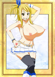 Rule 34 | 1girl, blonde hair, breasts, fairy tail, female focus, huge breasts, key, lucy heartfilia, mouth hold, nipples, skirt, smile, solo, sunahara wataru, topless