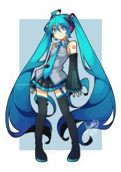 Rule 34 | 1girl, ahoge, aqua eyes, aqua hair, aqua necktie, black thighhighs, boots, derivative work, detached sleeves, grey shirt, hatsune miku, headset, highres, long hair, looking at viewer, necktie, sandragh, shirt, signature, skirt, sleeveless, sleeveless shirt, sleeves past wrists, smile, solo, thigh boots, thighhighs, twintails, very long hair, vocaloid, vocaloid boxart pose
