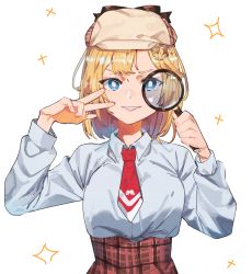 Rule 34 | absurdres, blonde hair, blue eyes, bob cut, breasts, deerstalker, detective, dress shirt, furrowed brow, grin, hair ornament, hat, highres, holding, holding magnifying glass, hololive, hololive english, long sleeves, looking at viewer, magnifying glass, medium breasts, mustache print, necktie, plaid, plaid skirt, red necktie, shirt, short hair, short necktie, skirt, smile, solo, sparkle, sparkle background, striped, takao (88499191), v, virtual youtuber, watson amelia, watson amelia (1st costume), white background, white shirt