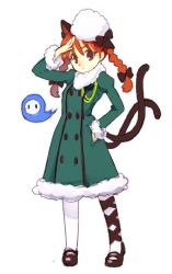 Rule 34 | 1girl, alternate costume, animal ears, black bow, black footwear, black ribbon, bow, braid, cat ears, cat tail, coat, extra ears, floating skull, ghost, green coat, hand on own hip, hitodama, kaenbyou rin, leg ribbon, mary janes, multiple tails, nekomata, one-hour drawing challenge, puffy sleeves, red eyes, red hair, ribbon, salute, shoes, simple background, skull, snow, snow on body, snow on head, tail, touhou, twin braids, two tails, white background, white legwear, youhaikin