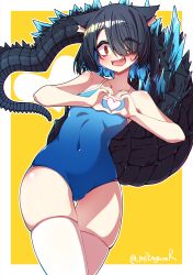 Rule 34 | 1girl, @ @, absurdres, animal ear fluff, animal ears, artist name, black hair, blue hair, blue one-piece swimsuit, cat ears, colored inner hair, cowboy shot, hair over one eye, hands up, heart, heart hands, heart tail, highres, lizard tail, mikagura, multicolored hair, one-piece swimsuit, open mouth, orange eyes, original, sharp teeth, short hair, simple background, solo, spines, standing, swimsuit, tail, teeth, thigh gap, twitter username, yellow background