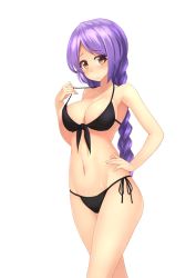 Rule 34 | 1girl, bikini, bikini pull, black bikini, blush, braid, breasts, brown eyes, cleavage, clothes pull, front-tie top, hand on own hip, highres, large breasts, long hair, looking at viewer, navel, original, pulling own clothes, purple hair, shiny skin, side-tie bikini bottom, simple background, solo, standing, stomach, strap lift, swimsuit, takibi (tamikyo), white background