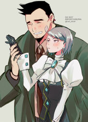 Rule 34 | 1boy, 1girl, ace attorney, bandage on face, bandages, black gloves, black hair, black vest, blush, bow, brooch, closed eyes, closed mouth, coat, collared shirt, dick gumshoe, earrings, facial hair, franziska von karma, gloves, goatee stubble, green coat, grey background, grey eyes, grey hair, grin, hetero, holding hands, jewelry, necktie, pencil behind ear, rat nkmi, red necktie, shirt, short hair, simple background, smile, stubble, sweatdrop, twitter username, vest, white bow, white shirt