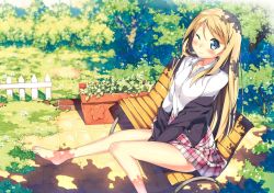 Rule 34 | 1girl, ;), bad id, bad pixiv id, bare legs, barefoot, bench, between legs, blazer, blonde hair, blue eyes, blush, brick, bush, closed mouth, collared shirt, dress shirt, fence, from side, garden, grass, hair between eyes, hand between legs, highres, jacket, kantoku (style), kawai (purplrpouni), long hair, long sleeves, looking at viewer, looking to the side, miniskirt, off shoulder, one eye closed, original, outdoors, outstretched leg, park bench, plaid, plaid skirt, plant, potted plant, school uniform, shirt, sitting, skirt, smile, solo, sunlight, swept bangs, tile floor, tiles, tree, tree shade, v arms, very long hair, white shirt, wooden fence