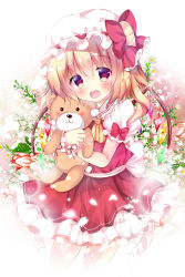 Rule 34 | 1girl, ascot, blonde hair, bow, commentary request, flandre scarlet, hat, hat bow, holding, looking at viewer, mob cap, open mouth, petticoat, puffy short sleeves, puffy sleeves, red bow, red eyes, rikatan, short sleeves, side ponytail, smile, solo, stuffed animal, stuffed toy, teddy bear, touhou, wings, yellow ascot