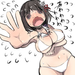 Rule 34 | 1girl, @ @, bad id, bad pixiv id, bikini, bikini top only, black hair, blush, breasts, cleavage, curvy, embarrassed, flying, haguro (kancolle), hair ornament, hairclip, highres, kantai collection, large breasts, looking at viewer, open mouth, plump, shiny skin, short hair, solo, sweat, swimsuit, u-non (annon&#039;an)