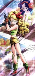 Rule 34 | 1girl, belt, blonde hair, blue eyes, blue hair, bow, breasts, cleavage, collarbone, cowboy shot, crop top, cropped legs, dragon ball, dragon ball (classic), dragon ball legends, full body, green eyes, green shirt, hair bow, hairband, hand in pocket, highres, long hair, lunch (dragon ball), medium breasts, midriff, navel, red bow, red hairband, shirt, short shorts, short sleeves, shorts, simple background, solo, standing, stomach, tanukichi (spica1985), twitter username, very long hair, weapon, white background, yellow shorts