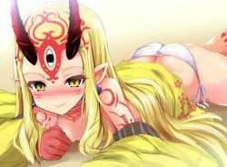 Rule 34 | 1girl, ass, back, blonde hair, blush, butt crack, earrings, fate/grand order, fate (series), horns, ibaraki douji (fate), japanese clothes, jewelry, kimono, long hair, looking at viewer, oni, panties, pointy ears, sen (astronomy), smile, solo, underwear, white panties, yellow eyes