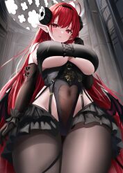 Rule 34 | 1girl, ahoge, azur lane, bare shoulders, black leotard, breasts, brown gloves, brown pantyhose, covered navel, curled horns, demon girl, demon horns, demon wings, elbow gloves, frilled leotard, frills, garter straps, gloves, hairband, hand up, highres, hindenburg (azur lane), horns, large breasts, leotard, long hair, looking at viewer, low wings, manda (manda9n), mole, mole under eye, pantyhose, parted lips, pointy ears, red eyes, red hair, revealing clothes, solo, thighs, underboob, very long hair, wings