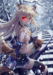 Rule 34 | 1girl, absurdres, ahoge, animal ears, arm support, bikini, bikini top only, black nails, blonde hair, bracelet, claws, fang, glowing, glowing eye, highres, jewelry, ling si, long hair, looking at viewer, looking back, nail polish, open mouth, original, red eyes, skirt, snow, solo, spiked bracelet, spikes, swimsuit, tail, tattoo, thigh strap, thighhighs, tree, wolf ears