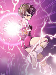 Rule 34 | 1girl, armor, artist request, ass, bare shoulders, boots, breastplate, breasts, brown hair, dated, dragon ball, dragonball z, energy beam, green-tinted eyewear, highres, leotard, lightning, looking at viewer, looking back, medium breasts, scouter, seripa, shiny clothes, short hair, solo, tail, thighs, tinted eyewear