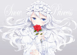 Rule 34 | 1girl, blue eyes, blush, bow, center frills, dress, english text, eyelashes, flat chest, floating hair, flower, frills, grey background, hair between eyes, hairband, holding, holding flower, juliet sleeves, leaf, light particles, lolita hairband, long hair, long sleeves, looking away, looking to the side, nail polish, natsu (natume0504), original, parted lips, pink nails, puffy sleeves, red flower, red rose, rose, solo, upper body, white bow, white dress, white hair, wide sleeves