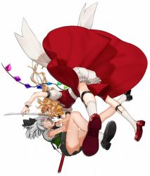 Rule 34 | 2girls, :d, ascot, ass, belt, black belt, black ribbon, black skirt, blonde hair, blood, blood from mouth, bloomers, blue eyes, breasts, clenched teeth, commentary, eye contact, face-to-face, fang, flandre scarlet, full body, glowing, glowing eyes, gotou (nekocat), green skirt, green vest, hair between eyes, hair ribbon, highres, holding, holding sword, holding weapon, katana, konpaku youmu, leg strap, leg up, looking at another, miniskirt, multiple girls, neck ribbon, no headwear, open mouth, profile, puffy short sleeves, puffy sleeves, red eyes, red footwear, red skirt, red vest, reflection, ribbon, shirt, shoes, short hair, short sleeves, silver hair, simple background, skirt, skirt set, small breasts, smile, socks, sword, teeth, thighs, touhou, underwear, v-shaped eyebrows, vest, weapon, white background, white bloomers, white legwear, white shirt, wrist cuffs, yellow neckwear