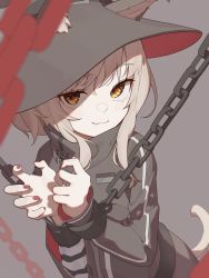 1girl absurdres animal_ear_fluff animal_ears arknights black_hat black_jacket blurry blurry_foreground brown_eyes brown_hair chain closed_mouth commentary cuffs depth_of_field ears_through_headwear grey_background hat haze_(arknights) highres jacket long_hair long_sleeves looking_at_viewer shoujo_l simple_background smile solo striped symbol-only_commentary tail witch_hat