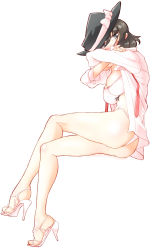 Rule 34 | 1girl, ass, bad id, bad pixiv id, black hair, blush, bra, breasts, covered mouth, crossed arms, fedora, full body, hat, high heels, highres, large breasts, looking to the side, no pants, non (z-art), open clothes, open shirt, panties, solo, touhou, underwear, usami renko, wedgie, white background, white bra, white footwear, white panties