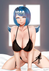 Rule 34 | 1girl, bed, blue eyes, blue hair, bra, breasts, creatures (company), day, easonx, game freak, half-closed eyes, highres, lana&#039;s mother (pokemon), large breasts, looking at viewer, naughty face, nintendo, panties, pokemon, pokemon (anime), pokemon sm (anime), side-tie panties, solo, underwear, underwear only