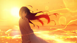 Rule 34 | 1girl, :|, absurdres, ahoge, arms at sides, black eyes, black hair, blurry, closed mouth, collared dress, cowboy shot, depth of field, dress, evening, expressionless, floating hair, hair between eyes, highres, horizon, landscape, lens flare, long dress, long hair, looking at viewer, ocean, oka kojiro, open collar, orange sky, original, outdoors, reflection, reflective water, scenery, sidelocks, simple bird, sky, solo, sun, sunset, white dress