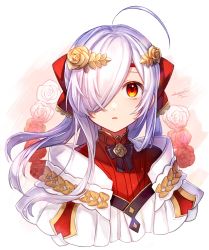 Rule 34 | 1girl, ahoge, black bow, black bowtie, bow, bowtie, cloak, corsage, floral background, flower, hair flower, hair ornament, hair over one eye, hair ribbon, highres, long bangs, long hair, looking at viewer, nixtutyannh, one eye covered, original, red eyes, ribbon, rose, solo, upper body, white background, white hair