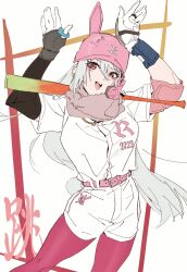 Rule 34 | 1girl, 2023, absurdres, animal ears, animal print, arms up, baseball, baseball bat, baseball cap, belt, bloom into me15, breasts, commentary request, cowboy shot, ear piercing, elbow pads, gloves, grey hair, hair between eyes, hat, highres, large breasts, long bangs, long hair, looking at viewer, new year, open mouth, original, pantyhose, piercing, pink belt, pink hat, pink pantyhose, pink scarf, rabbit ears, rabbit pose, rabbit print, red eyes, scarf, shirt, short sleeves, shorts, single elbow pad, solo, standing, teeth, tongue, upper teeth only, white shirt, white shorts