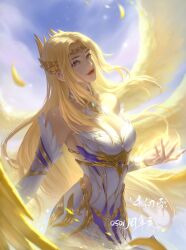 Rule 34 | 1girl, absurdres, angel wings, bare shoulders, blonde hair, blue eyes, breasts, closed mouth, clothing cutout, detached collar, detached sleeves, douluo dalu, dress, duan wu dw, energy, falling feathers, feathers, hair ornament, highres, long hair, looking at viewer, medium breasts, qian renxue (douluo dalu), second-party source, side cutout, smile, solo, white dress, wings