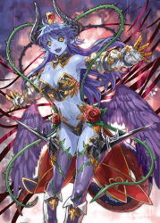 Rule 34 | 1girl, :d, asmodeus (shinrabanshou), blue hair, blue skin, breasts, cleavage, colored skin, demon girl, fang, feathered wings, flower, gauntlets, hat, horns, long hair, low wings, medium breasts, navel, open mouth, outstretched arms, plant, pointy ears, purple thighhighs, ran&#039;ou (tamago no kimi), rose, shinrabanshou, smile, solo, tail, thighhighs, thorns, vines, wings, yellow eyes