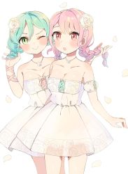 Rule 34 | 2girls, :o, ;), alternate hairstyle, aqua hair, bang dream!, bare shoulders, blush, braid, breasts, cleavage, collarbone, cross-laced clothes, detached sleeves, dress, floral print, flower, green eyes, hair flower, hair ornament, highres, hikawa hina, holding, holding another&#039;s hair, holding own hair, jewelry, long hair, looking at viewer, maruyama aya, matsuda (0yx38755230263c), medium breasts, multiple girls, necklace, one eye closed, petals, pink eyes, pink hair, print dress, rose, smile, strapless, strapless dress, twin braids, v-shaped eyebrows, white dress, white flower, white rose